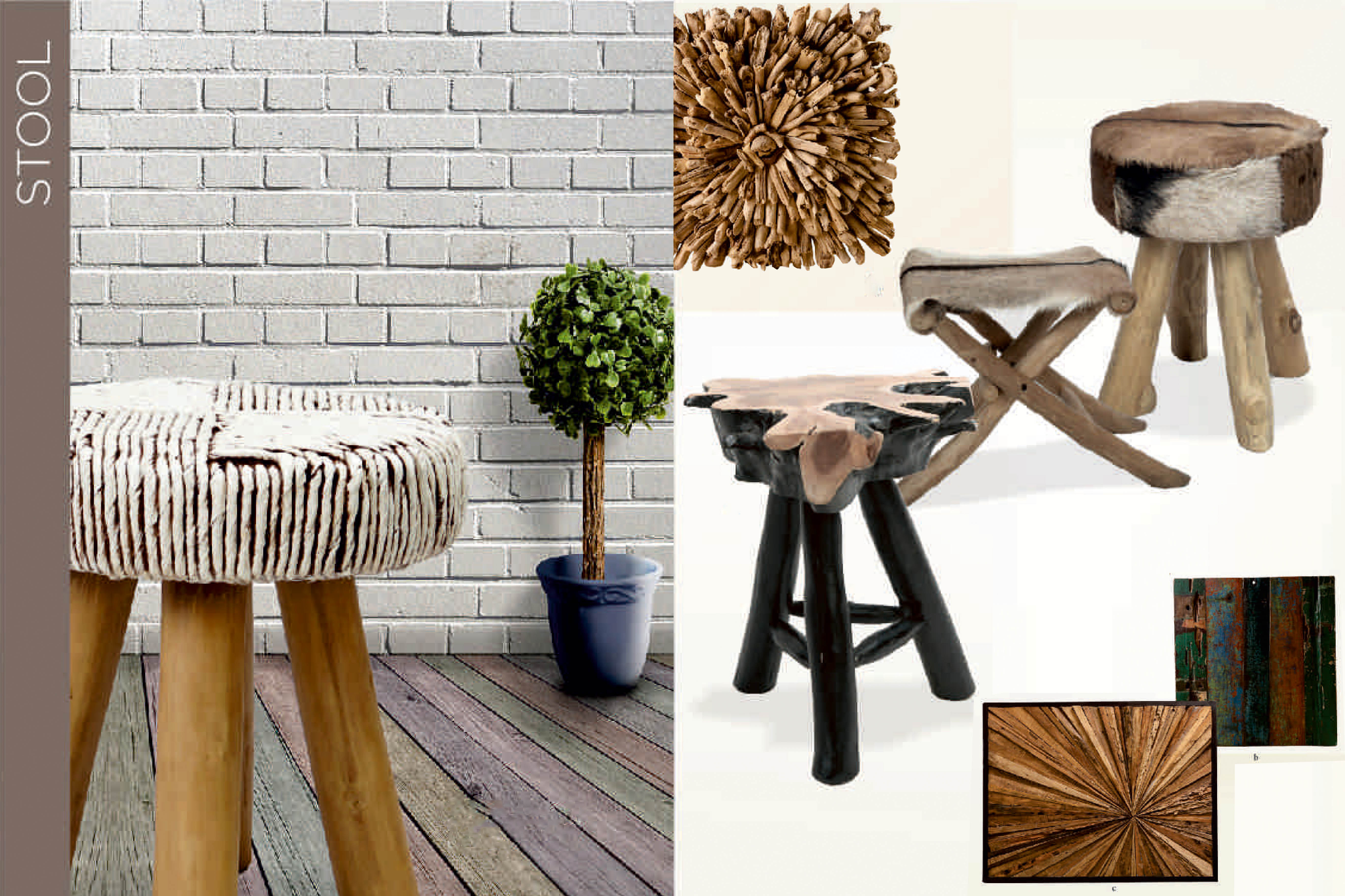 INDOOR STOOLS AND TEAK DECOR ITEMS